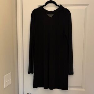 Black Sheer Long-Sleeve Shift Dress with Sheer V-neck